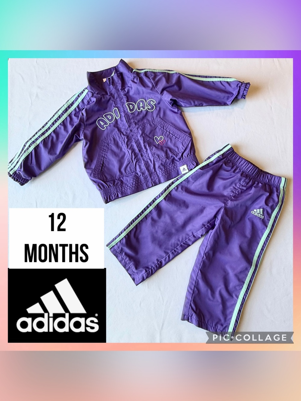 Adidas Girls Track Suit Purple Windbreaker Jacket Pants Set Green Stripes 12 Mo